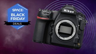 A Nikon D850 body on a purple cosmic background with a Space Black Friday deals badge.