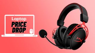 HyperX Cloud Alpha wireless headset against red gradient background