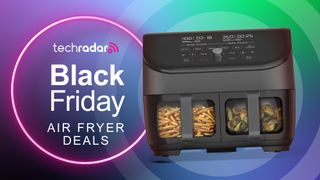 Twin-drawer air fryer on purple background with text reading &#039;TechRadar Black Friday air fryer deals&#039;