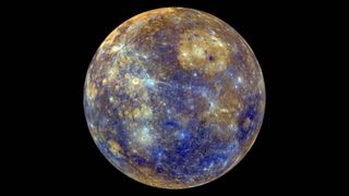 A false-color image of Mercury generated from images taken by the MESSENGER spacecraft to enhance &quot;chemical, mineralogical, and physical differences between the rocks that make up Mercury&#039;s surface.&quot;