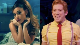 Ariana Grande in the &quot;positions&quot; music video/Ethan Slater in Spongebob Squarepants the Musical on Broadway (side by side)