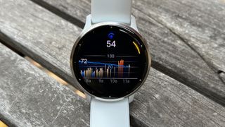  A Body Battery chart on the Garmin Venu 3, showing stress levels in the background contributing to higher battery drain.