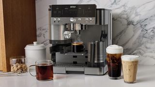 Ninja Luxe Café coffee machine with drinks on kitchen counter