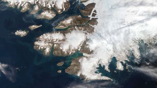 : A satellite view of Northwestern Greenland in the Arctic Circle on August 12, 2019 in Pituffik, Greenland. 