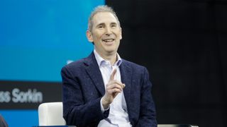 Amazon CEO Andy Jassy pictured on stage at the 2022 New York Times DealBook on November 30, 2022 in New York City