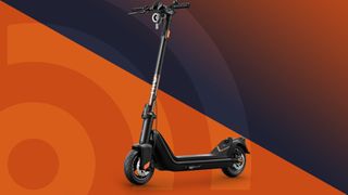 the Niu Kqi3 pro 2 electric scooter on a blue and orange background