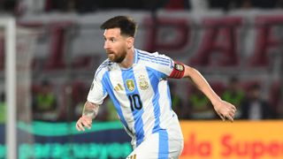 Lionel Messi of Argentina controls the ball ahead of the Argentina vs Peru South American FIFA World Cup 2026 Qualifier 