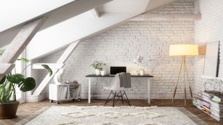 Scandinavian style loft working space, predominately white