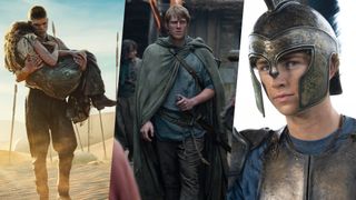 A composite image featuring Rand (Josha Stradowski) carrying a female figure from &quot;The Wheel of Time&quot; season 3 key art, Ser Duncan the Tall (Peter Claffey) in HBO&#039;s &quot;A Knight of the Seven Kingdoms&quot;, and Percy (Walker Scobell) in armor in &quot;Percy Jackson &amp; The Olympians&quot; season 2 (L-R)