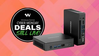 A Geekom Air12 Lite mini PC next to a badget that says, &quot;Cyber Monday Deals Still Live!&quot;