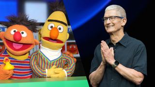 Ernie and Bert from Sesame Street next to Tim Cook