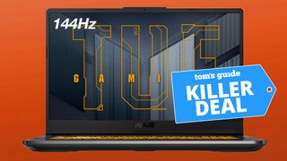 An ASUS TUF gaming laptop on a red background with the &quot;Tom&#039;s Guide killer deal&quot; tag overlaid