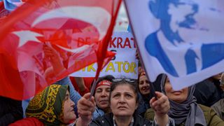 A Supporter waves flags during a rally in support of Republican People&#039;s Party (CHP) Chairman and Presidential candidate Kemal Kilicdaroglu in Kocaeli, on April 28, 2023.