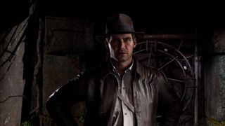 Screenshot of Indiana Jones and the Great Circle deep dive trailer showing Indiana stepping out of the shadows