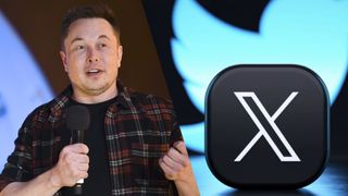 Elon Musk next to the X logo for the social media network that used to be called Twitter