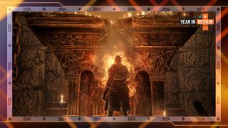 An Elden Ring character standing in front of a fire in Shadow of the Erdtree