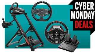 Two racing wheels, some pedals, and a sim racing stand on a blue background with &#039;Cyber Monday deals&#039; in the top corner.