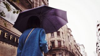 A woman in a blue coat holding a purple umbrella, not facing the camera while waking in a city with historic buildings