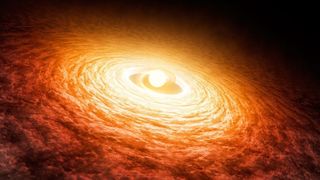 a bright yellow star swirling in the center of a massive gaseous disk orbiting around.