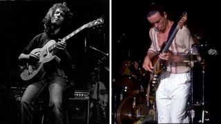 Left- Pat Metheny playing guitar on stage circa 1970s; Right-Jaco Pastorious, performs as a member of Joni Mitchell&#039;s band at the Pine Knob Music Theater during Mitchell&#039;s &quot;1979 Tour Of America&quot; on August 11, 1979, in Clarkston, MI