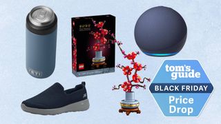 Black Friday deals compilation showing Yeti tumbler, Skechers shoes, Lego and Echo Dot smart speaker