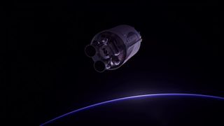 a cylindrical spacecraft flies above earth, seen only as a sliver of light during orbital night