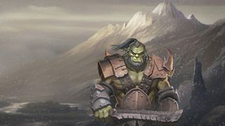 An orc with a sword stands in front of snowy mountains