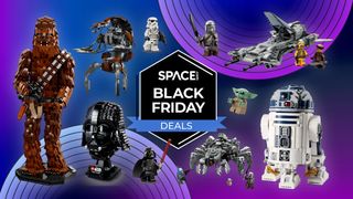 A selection of Lego Star Wars sets on a purple background arranged around a Space Black Friday deals badge.