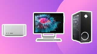 Three of the best video editing computers on a purple background