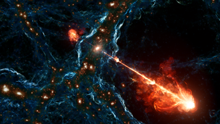 An artist&#039;s illustration of Porphyrion shows the gigantic jet stretching across the tendrils of the cosmic web.