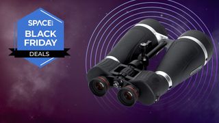 A pair of Celestron SkyMaster Pro 20x80 binoculars next to a Space Black Friday Deals badge.