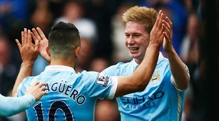 Sergio Aguero and Kevin De Bruyne celebrate a goal for Manchester City against Newcastle United in October 2015.