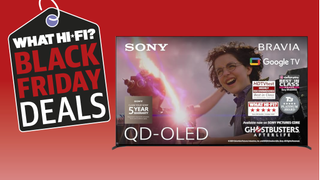 A Sony A95L TV on a red background with a tag next to it reading &quot;What Hi-Fi? Black Friday Deals&quot;