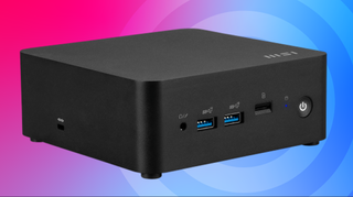 The MSI Cubi NUC 1M on a pink and blue background