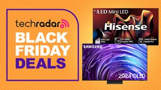 Black Friday TV UK roundup image with Samsung S95D and Hisense U7N on orange background 