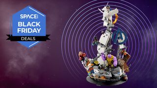 Lego Marvel Endgame Final Battle set on a purple background with a Space.com Black Friday badge.