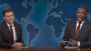 Colin Jost and Michael Che get ready to exchange jokes during the annual Joke Swap on Weekend Update.