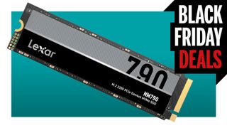 An image of a Lexar NM790 SSD against a teal background, with a white border, and a Black Friday Deals logo