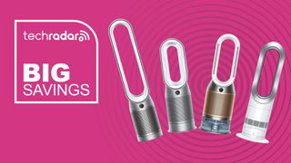 A range of Dyson fans against a pink background with TechRadar, Big savings written in white to the left.