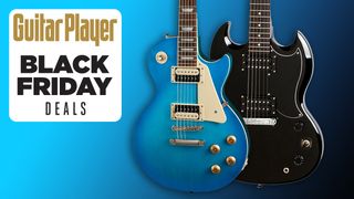 Blue Epiphone Les Paul and Black Epiphone SG side-by-side