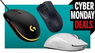 Three gaming mice on a cyber monday banner