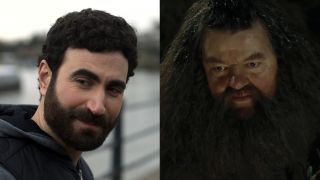 Brett Goldstein smiling in Ted Lasso/Robbie Coltrane looking serious as Hagrid Harry Potter