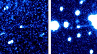 Two side by side images are very blue with white blobs. In the right image, there is one medium-size blob with an obvious, slight tail.