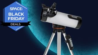 A Celestron 114LCM computerised telescope, against a planet background, with a Space Black Friday Deals logo. 