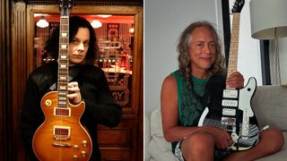 Jack White holding the Gibson Greeny Les Paul, and Kirk Hammett holding the Fender Triplecaster