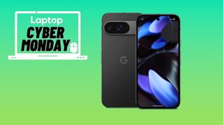 Google Pixel 9 in Obsidian on a green gradient background with a Cyber Monday banner in the upper-left corner.