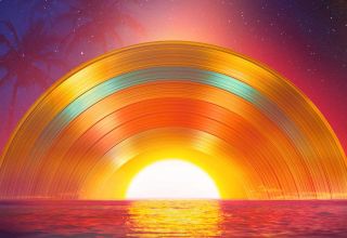 A sunset over the ocean made from a vinyl record