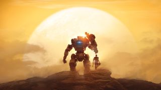 A mech suit stood against the backdrop of a sunset.