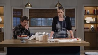 Chad Duell and Sofia Mattsson as Michael and Sasha in the kitchen in General Hospital