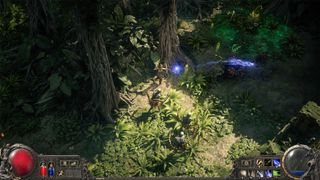 Character fighting enemies in a forest in Path of Exile 2.